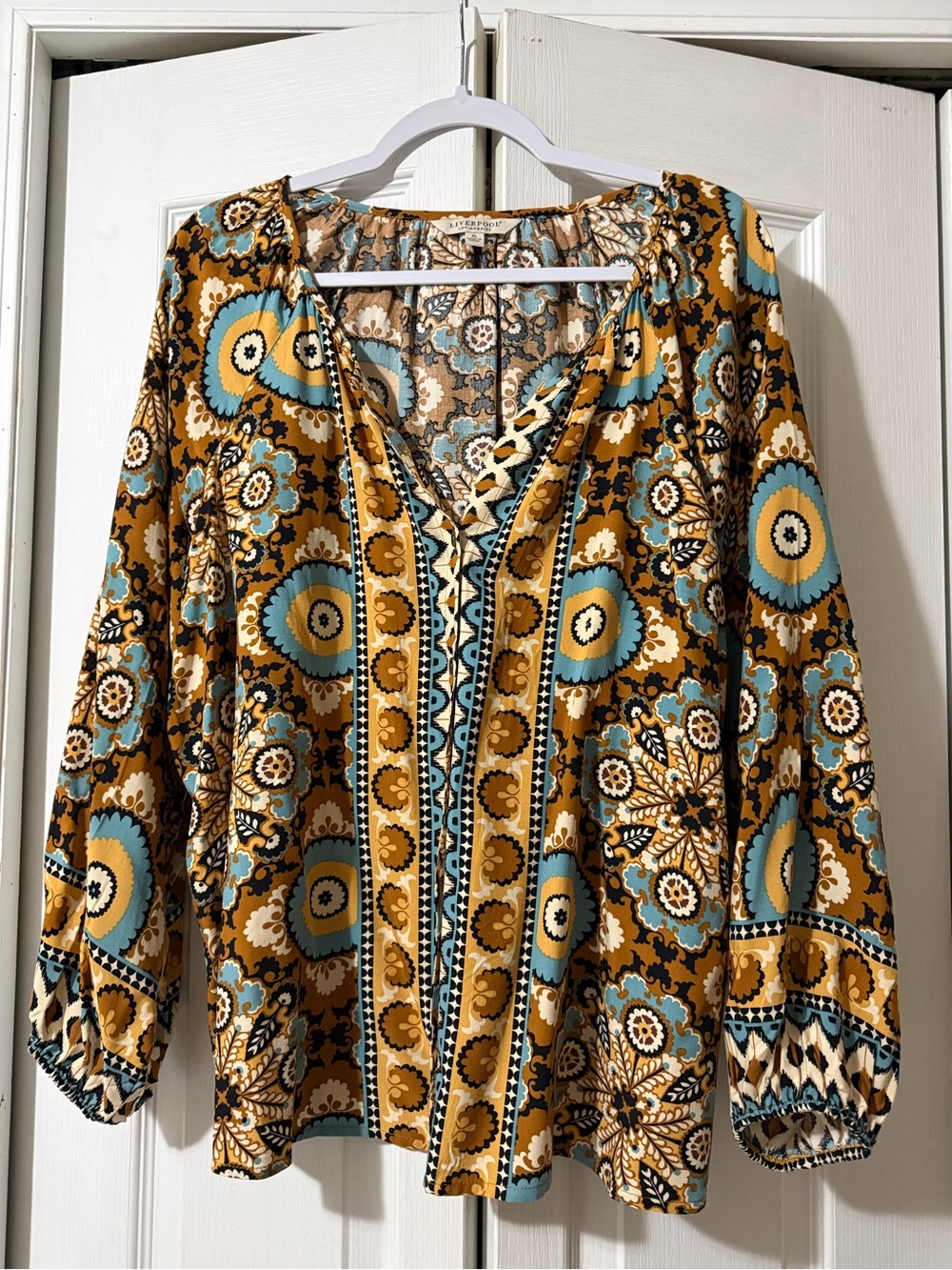 Liverpool Floral Medallion Peasant Button Up Blouse in Earth Tones- XL